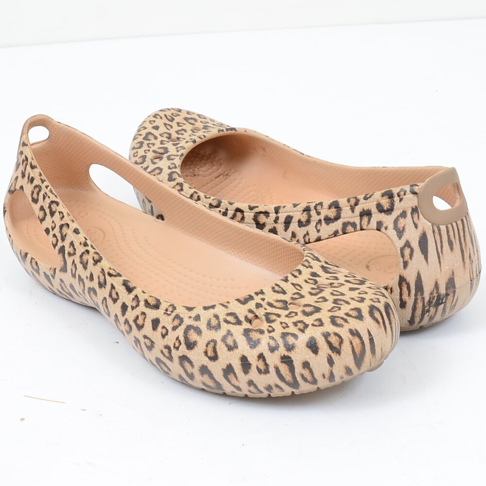Crocs Kadee Womens 10 Leopard Animal Print Flat Floater Slip On Shoes Waterproof